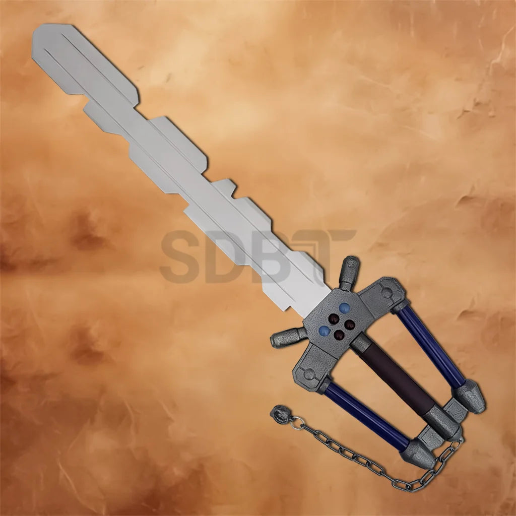 Kingdom Hearts II Fenrir Keyblade replica with a silver blade, blue handle, attached chain, and removable black grip wraps