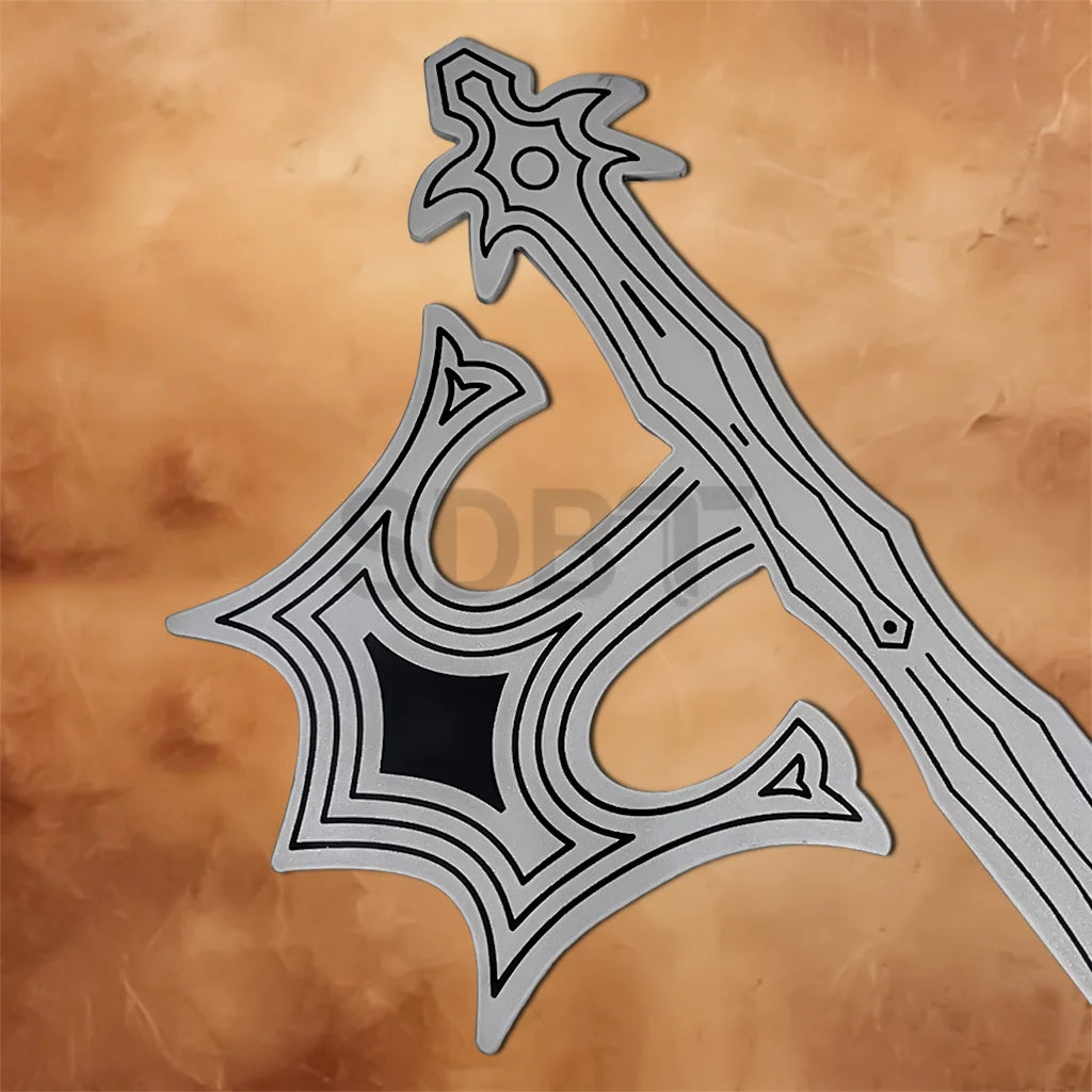 Close-up of the Oblivion Keyblade head highlighting the distinctive crown-inspired design and detailed engraved patterns.