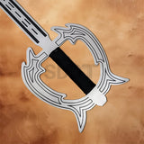 Detailed view of the Kingdom Hearts Oblivion Keyblade handle featuring the ornate guard and black wrapped grip for an authentic replica look.