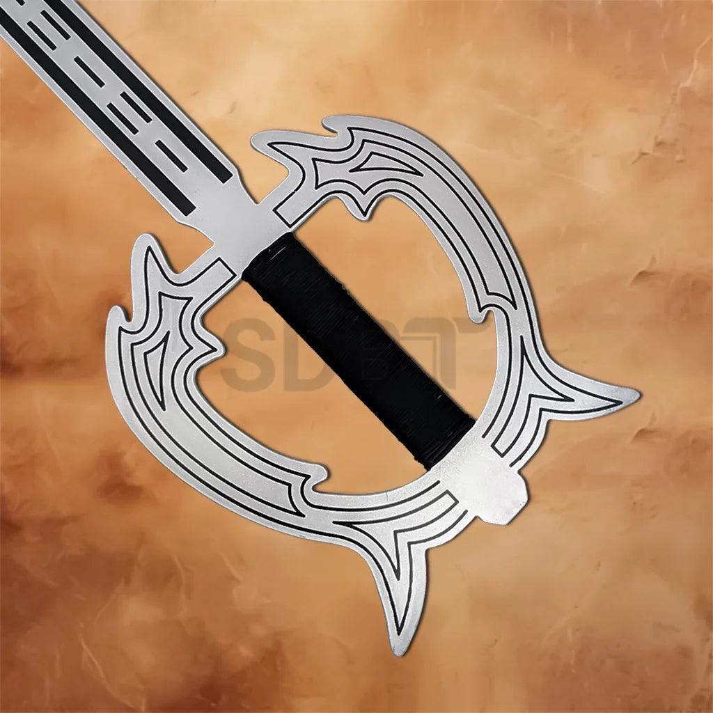 Detailed view of the Kingdom Hearts Oblivion Keyblade handle featuring the ornate guard and black wrapped grip for an authentic replica look.