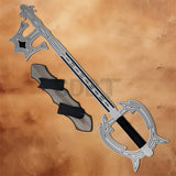 Kingdom Hearts Oblivion Keyblade replica with decorative wall display mount, featuring the iconic silver design and black wrapped handle.