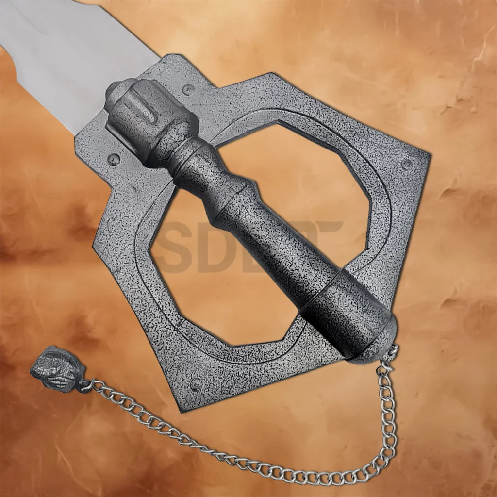 Detailed view of the Kingdom Hearts Sleeping Lion Keyblade replica handle with geometric guard, metal chain keychain, and textured grip
