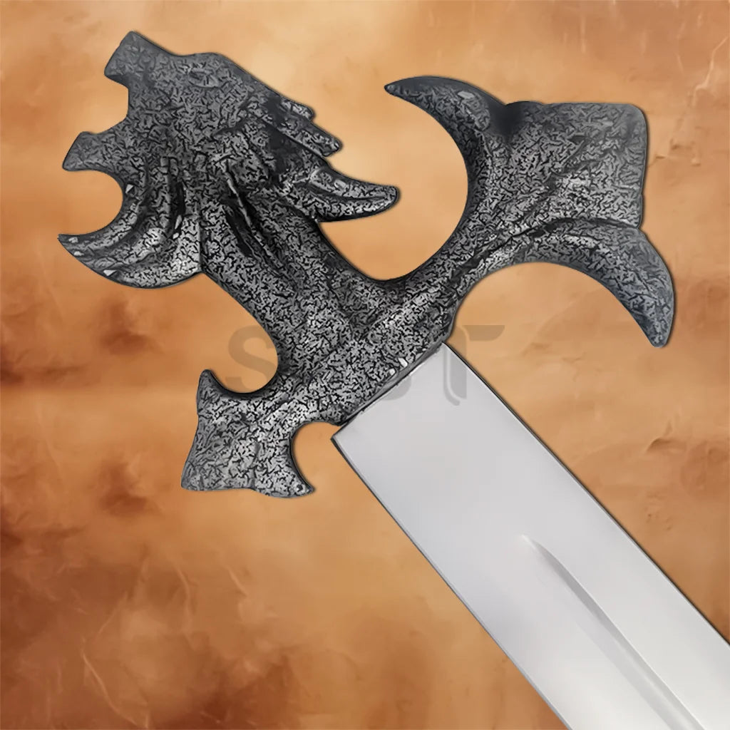 Close-up of the lion-themed guard on the Kingdom Hearts Sleeping Lion Keyblade replica featuring an intricate lion head design and polished stainless steel blade