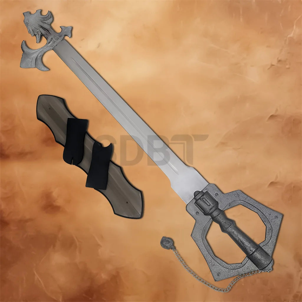 Full view of the Kingdom Hearts Sleeping Lion Keyblade replica with stainless steel blade, wooden wall plaque, and decorative chain attachment
