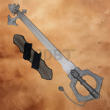 Full view of the Kingdom Hearts Sleeping Lion Keyblade replica with stainless steel blade, wooden wall plaque, and decorative chain attachment