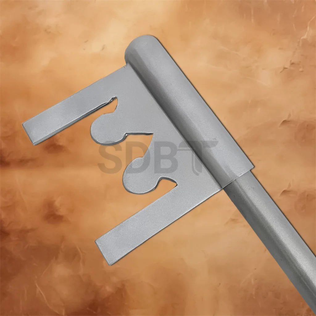 Close-up of the Kingdom Hearts Sora Keyblade Replica showing the signature key-shaped blade tip with silver finish