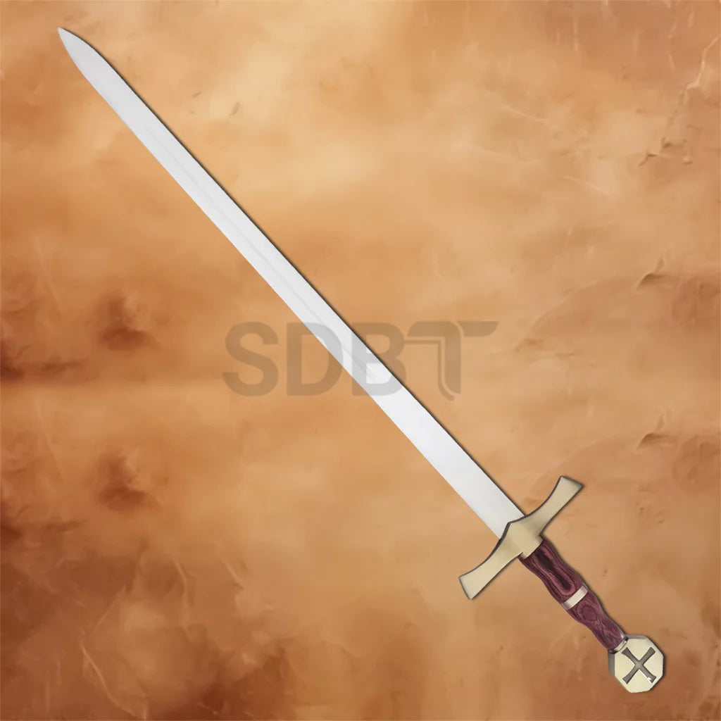 Full-length Knights Crusader Cross Sword Replica featuring a polished stainless steel blade, brass crossguard, wooden-style grip, and medieval knight design for display and cosplay.