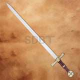 Full-length Knights Crusader Cross Sword Replica featuring a polished stainless steel blade, brass crossguard, wooden-style grip, and medieval knight design for display and cosplay.