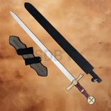 Complete Knights Crusader Cross Sword Replica set including the stainless steel sword, black scabbard, and wooden wall display plaque for medieval collectors and cosplay.
