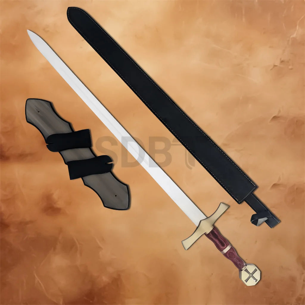 Complete Knights Crusader Cross Sword Replica set including the stainless steel sword, black scabbard, and wooden wall display plaque for medieval collectors and cosplay.