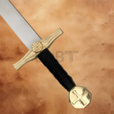 Detailed view of the Medieval Knights Templar Cross Sword Replica showcasing the gold crossguard, black grip, and cross-shaped pommel.