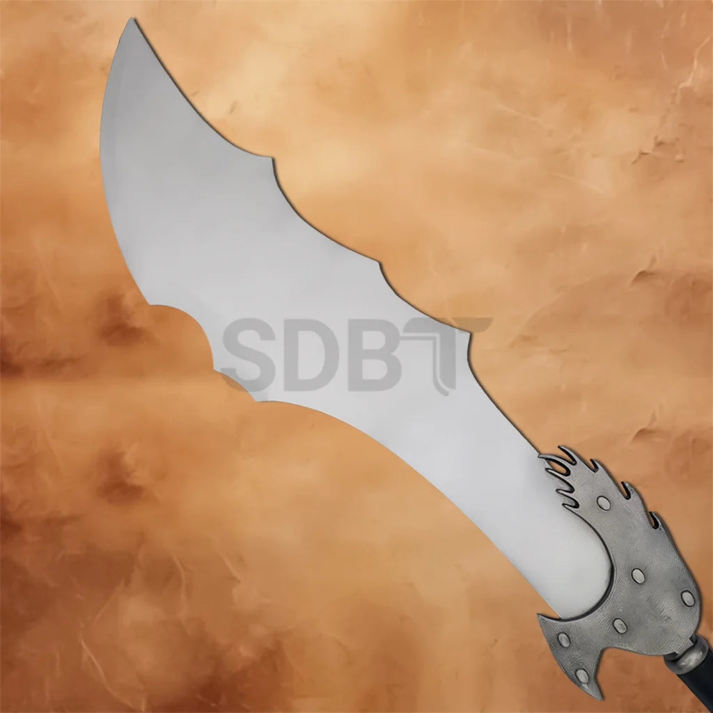 Close-up of the Kratos Blade of Chaos Replica featuring the iconic curved stainless steel blade inspired by the legendary weapon from God of War.