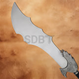 Close-up of the Kratos Blade of Chaos Replica featuring the iconic curved stainless steel blade inspired by the legendary weapon from God of War.