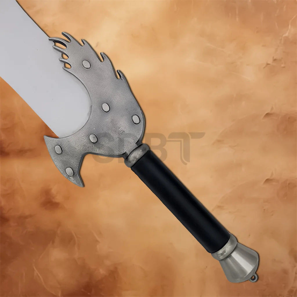 Detailed close-up of the Kratos Blade of Chaos Replica hilt showcasing the rugged silver guard, black grip, and authentic God of War-inspired craftsmanship.