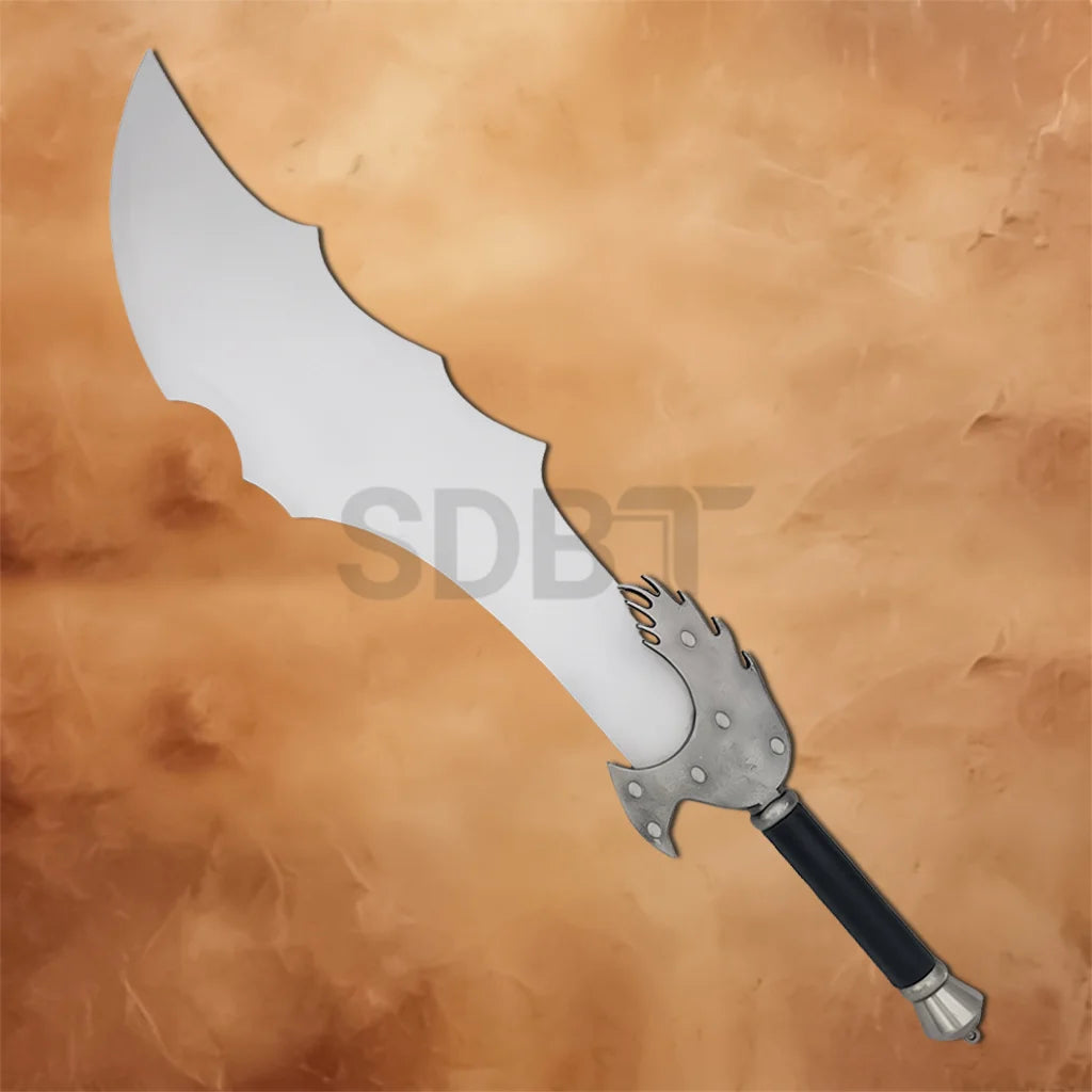 Full-length Kratos Blade of Chaos Replica inspired by God of War, featuring a distinctive curved blade, detailed guard, and black handle for display and cosplay.