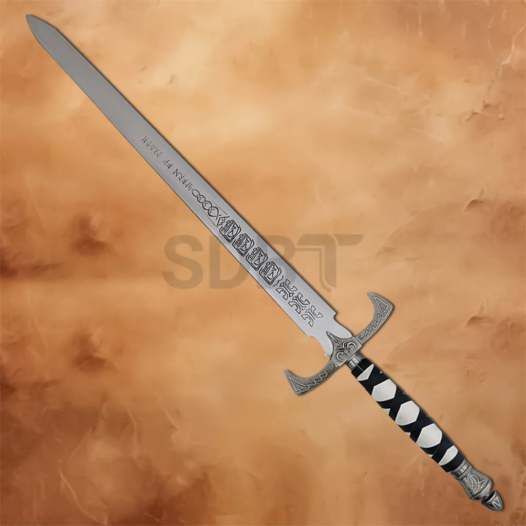 Legend of the Seeker Sword of Truth Replica displayed with a wooden wall mount, engraved blade, and decorative hilt.