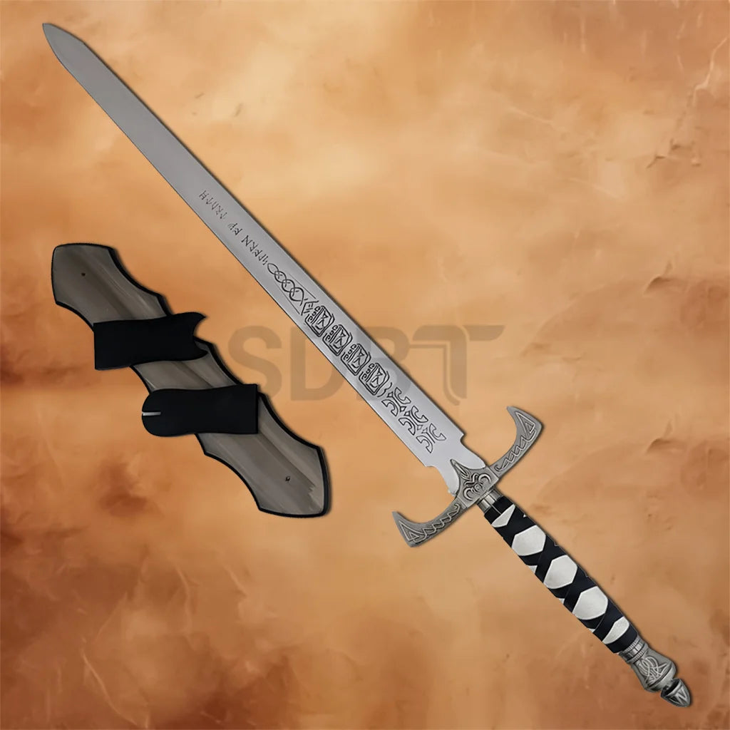 Legend of the Seeker Sword of Truth Replica displayed with a wooden wall mount, engraved blade, and decorative hilt.