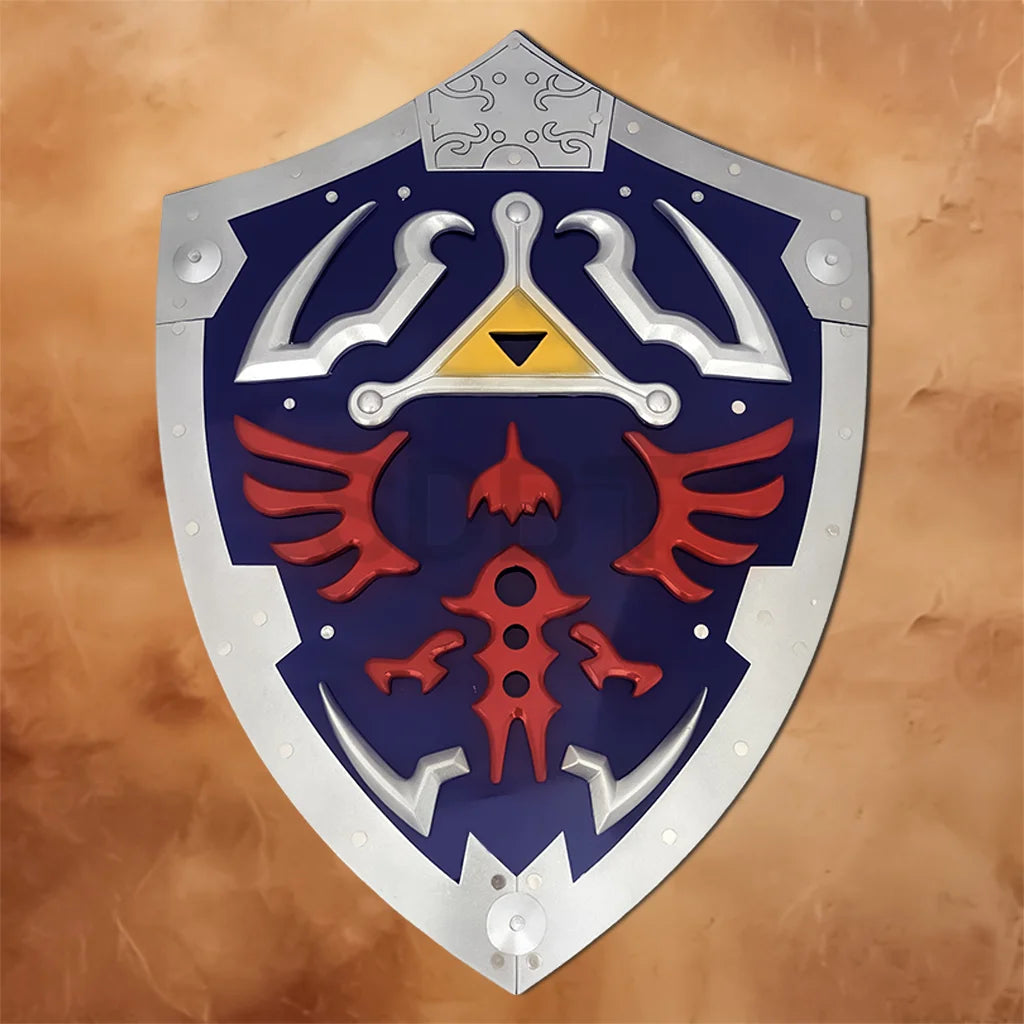 Front view of the Legend of Zelda Link Hylian Shield Replica featuring the iconic Hylian crest, Triforce emblem, blue face, and silver border for cosplay and display.