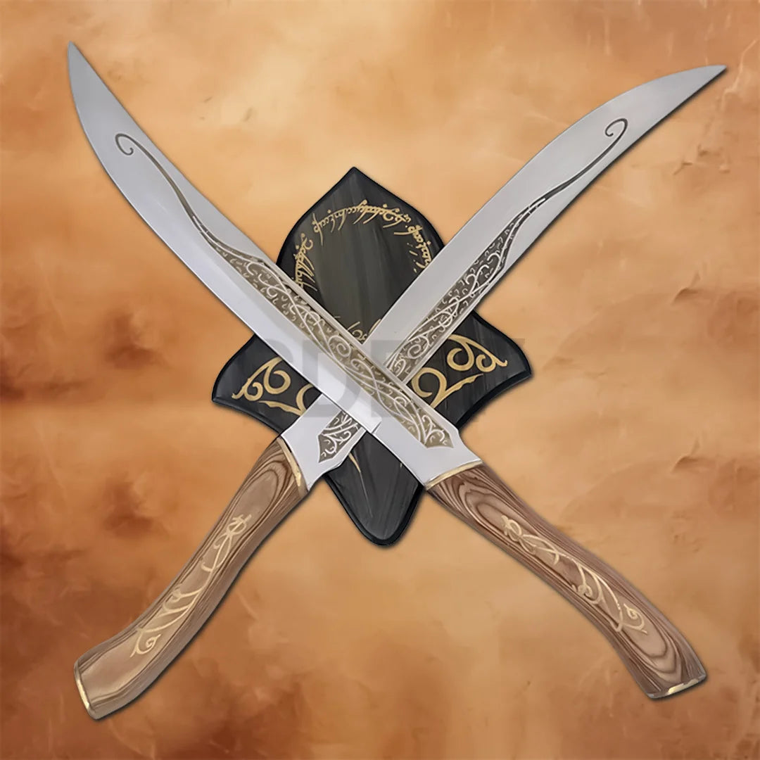 Legolas Fighting Daggers Replica Set displayed with an Elven-style wall plaque, inspired by The Lord of the Rings and perfect for fantasy collectors and home display.