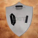 Rear view of the Link Hylian Shield Replica showcasing the adjustable arm straps, padded handle, and durable construction for cosplay, conventions, and display collections.