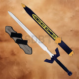 Complete Link Master Sword Replica set featuring the polished blade, decorative blue scabbard, and wooden wall display plaque inspired by The Legend of Zelda.
