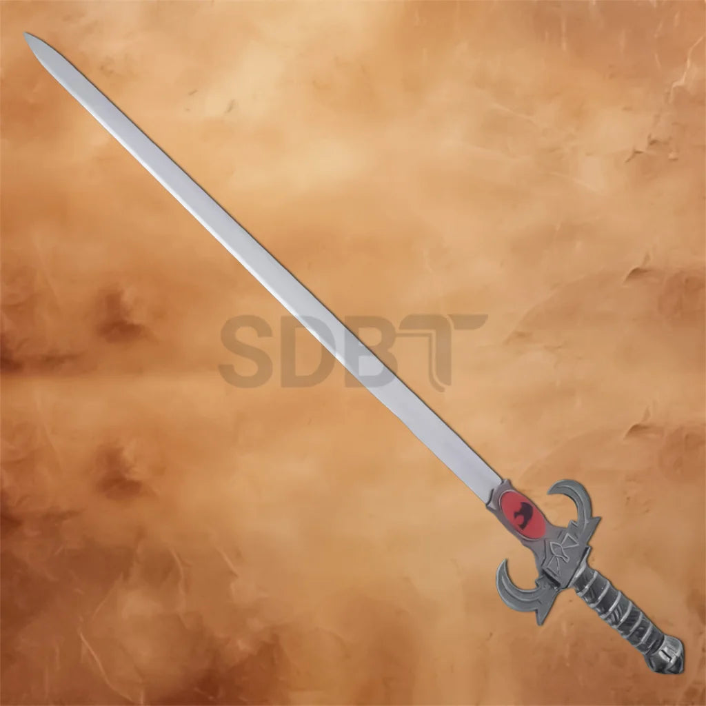 Lion-O Sword of Omens 44-inch Movie Replica with a polished stainless steel blade, detailed silver hilt, and iconic red Eye of Thundera emblem, ideal for collectors and cosplay displays.