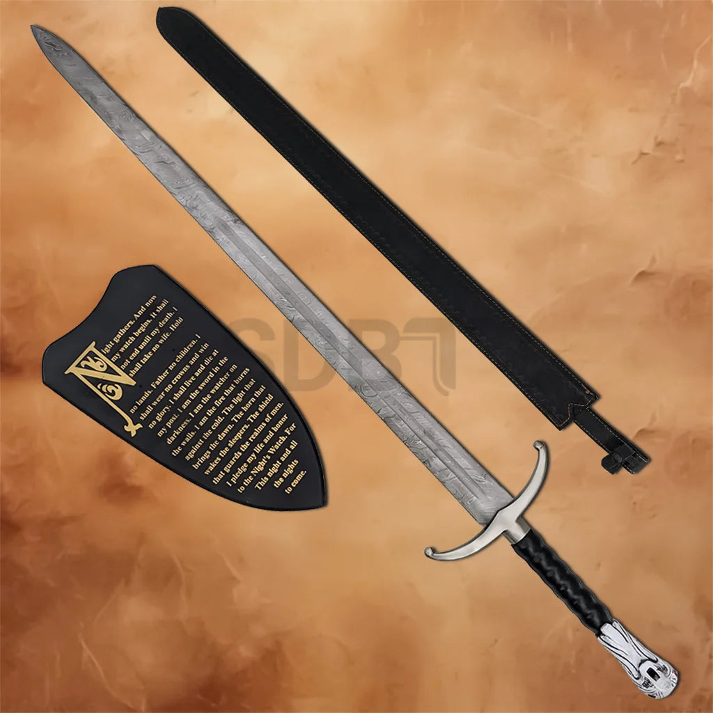 Close-up of the Longclaw Jon Snow 49-inch Damascus Steel Sword Replica featuring the polished crossguard, black leather grip, and direwolf pommel