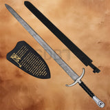 Close-up of the Longclaw Jon Snow 49-inch Damascus Steel Sword Replica featuring the polished crossguard, black leather grip, and direwolf pommel