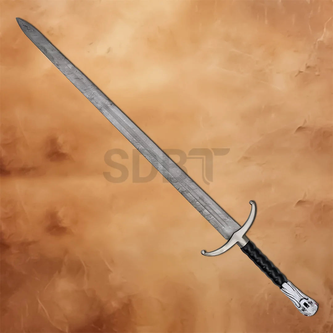 Full-length Longclaw Jon Snow 49-inch Damascus Steel Sword Replica with patterned Damascus blade, black grip, and direwolf pommel