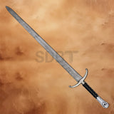 Full-length Longclaw Jon Snow 49-inch Damascus Steel Sword Replica with patterned Damascus blade, black grip, and direwolf pommel