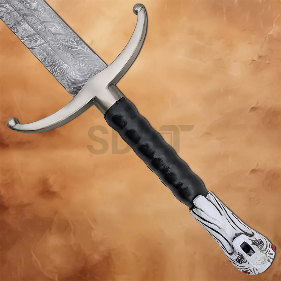 Close-up of the Longclaw Jon Snow 49-inch Damascus Steel Sword Replica featuring the polished crossguard, black leather grip, and direwolf pommel