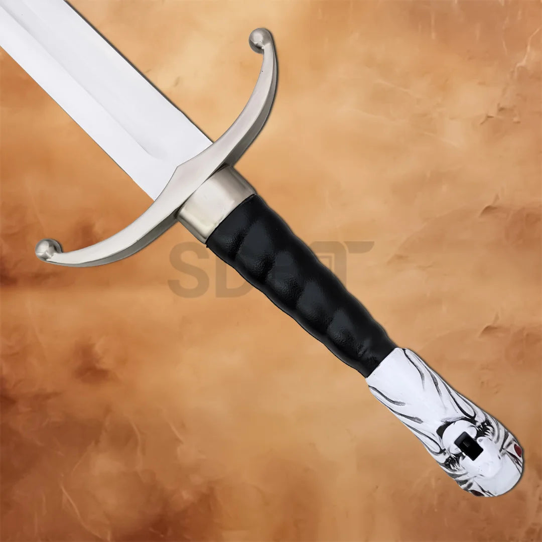 Detailed close-up of the Longclaw Jon Snow 49-inch Stainless Steel Sword Replica showing the polished crossguard and black leather-wrapped handle