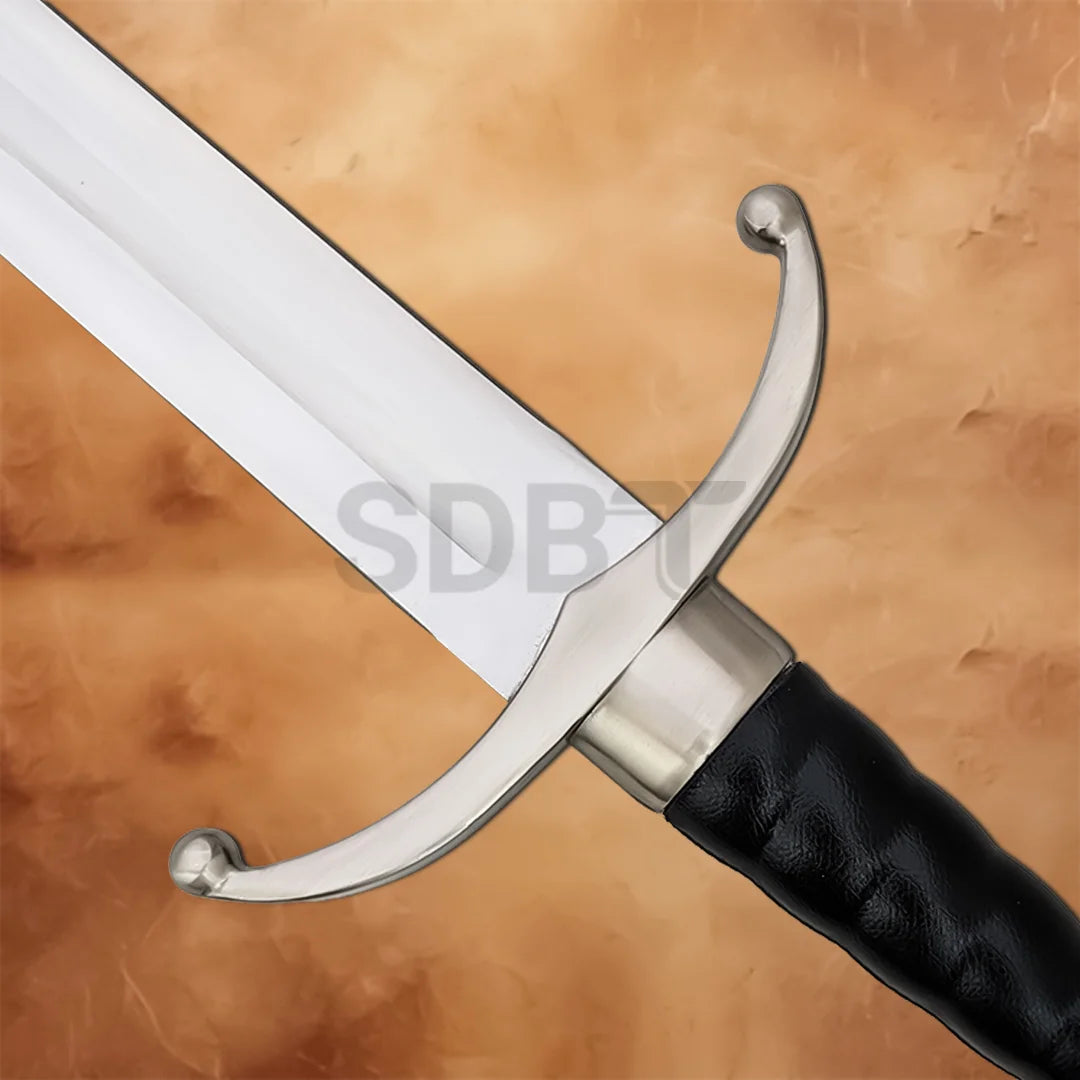 Close-up of the Longclaw Jon Snow 49-inch Stainless Steel Sword Replica featuring the black leather grip and iconic direwolf head pommel