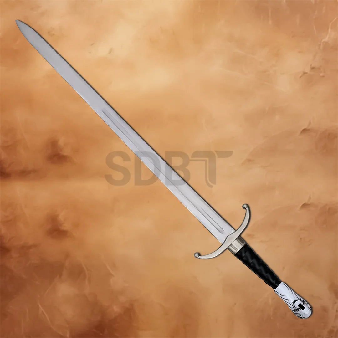 Full-length Longclaw Jon Snow 49-inch Stainless Steel Sword Replica featuring a polished stainless steel blade, black grip, and direwolf pommel