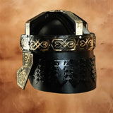 Rear view of the Gimli Helmet replica showcasing engraved Dwarven patterns, reinforced crown bands, and durable fantasy-inspired construction.