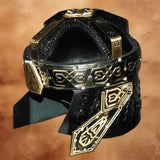 Angled rear view of the Gimli Helmet replica highlighting intricate Dwarven detailing, decorative side plates, and premium collectible finish.