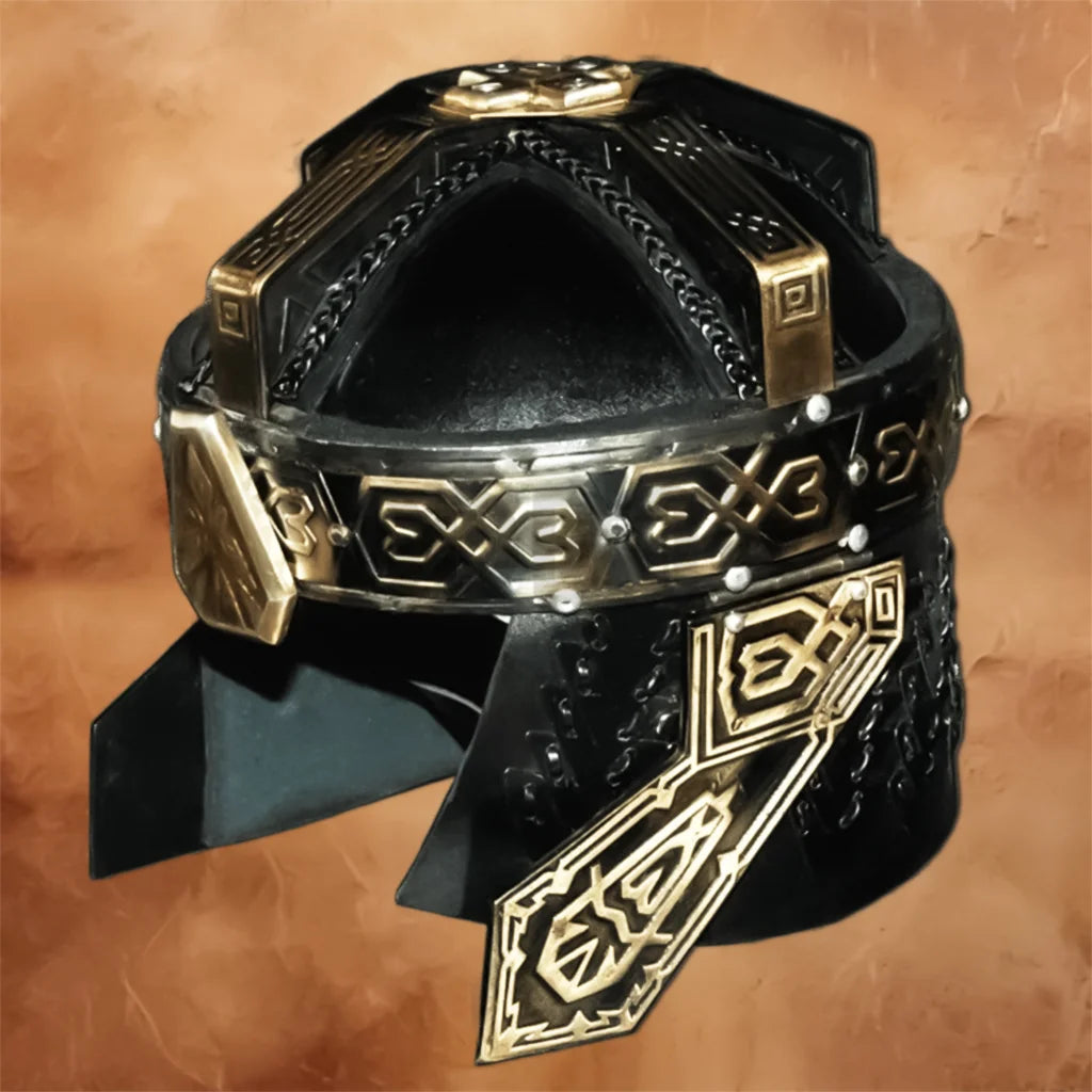 Angled rear view of the Gimli Helmet replica highlighting intricate Dwarven detailing, decorative side plates, and premium collectible finish.