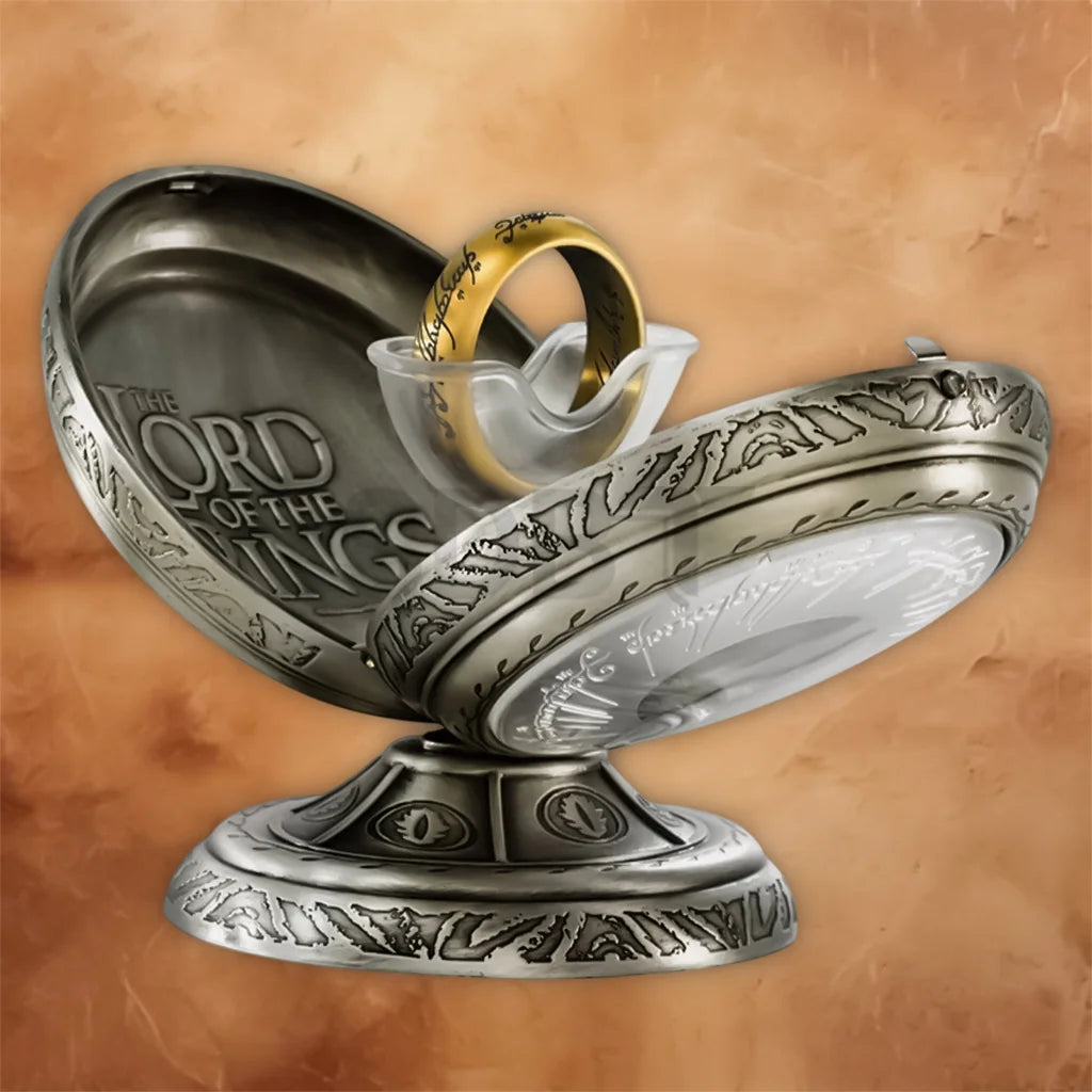 Close-up of the engraved Lord of the Rings One Ring replica made from durable stainless steel.