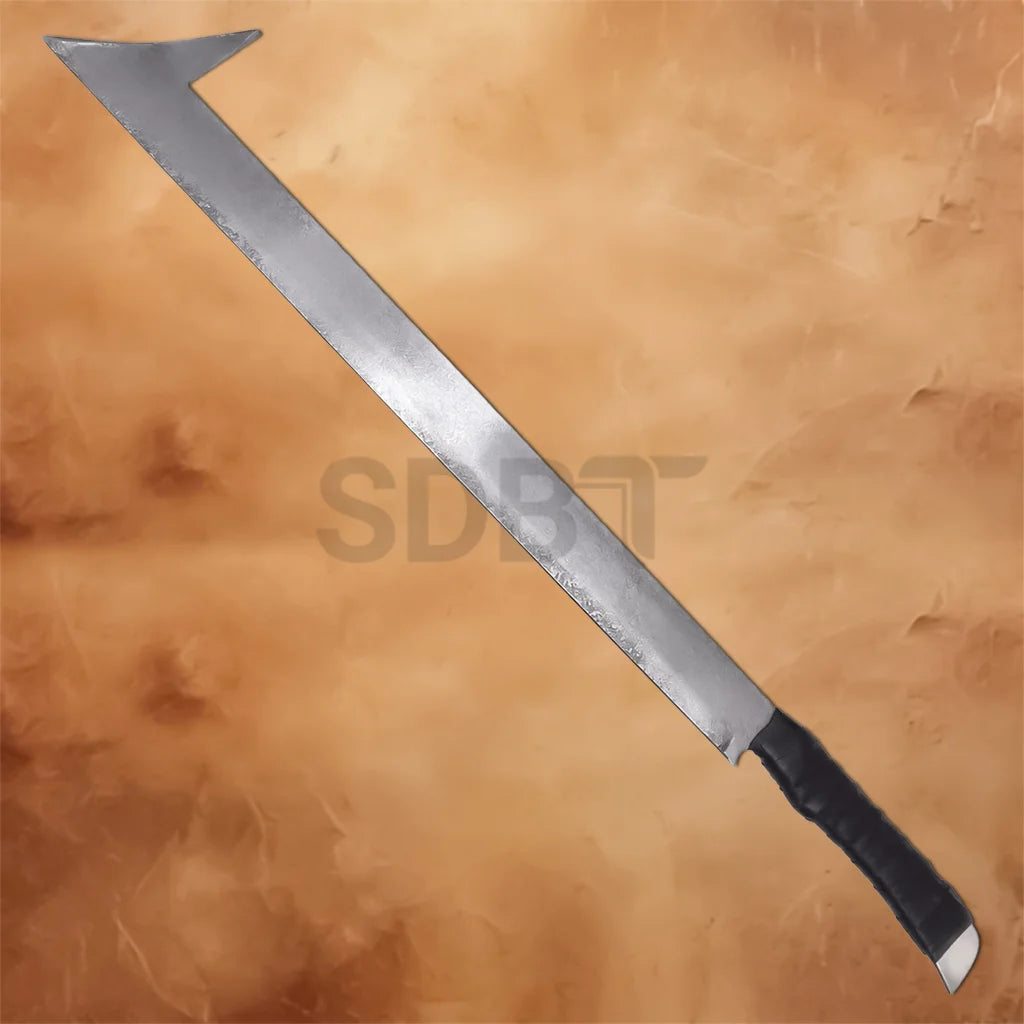 Full view of the Uruk-Hai Scimitar replica sword with a battle-worn stainless steel blade, black wrapped grip, and authentic LOTR-inspired Orc weapon styling.