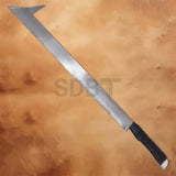 Full view of the Uruk-Hai Scimitar replica sword with a battle-worn stainless steel blade, black wrapped grip, and authentic LOTR-inspired Orc weapon styling.