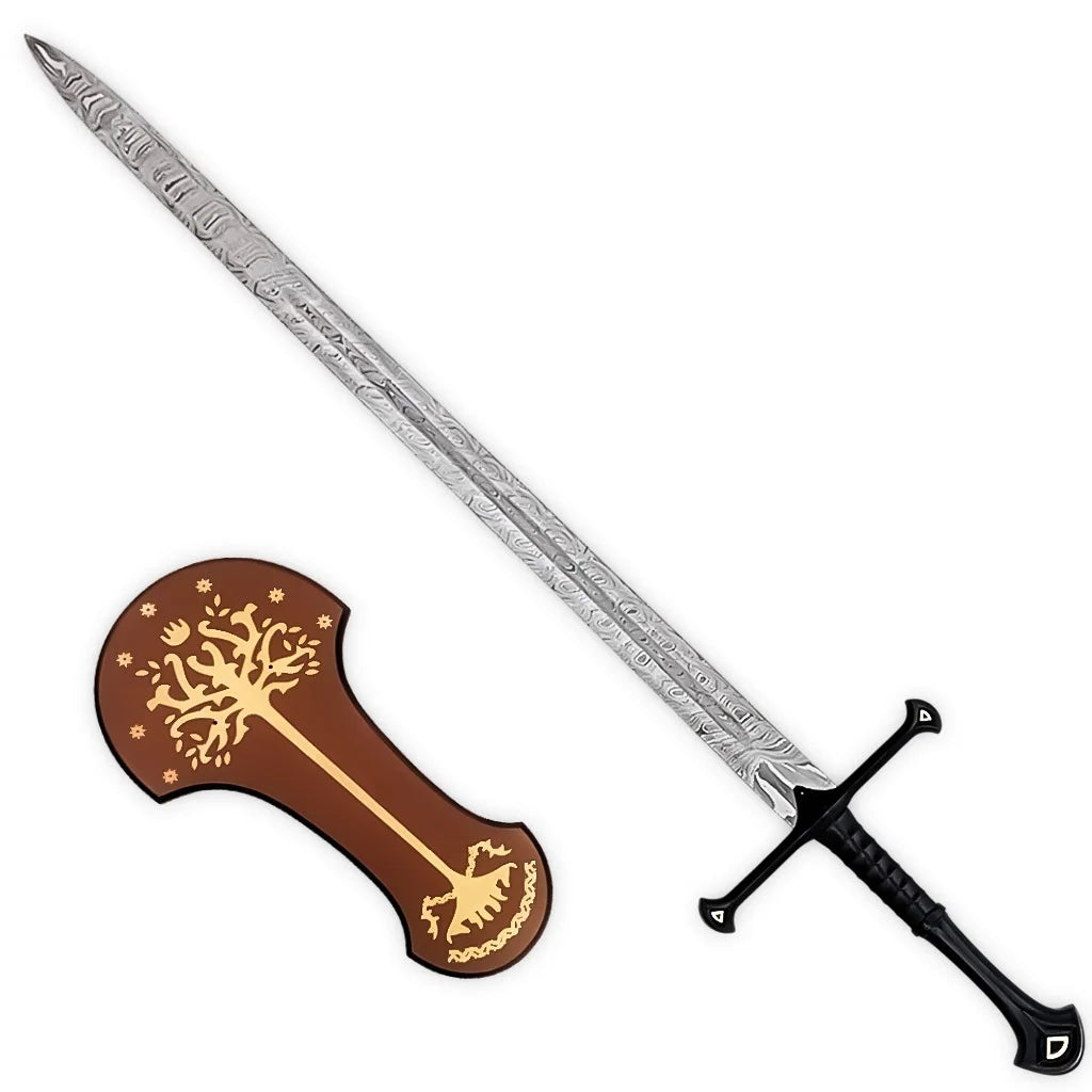 LOTR Andúril Narsil 42.5-inch sword replica featuring an engraved silver blade, black handle and decorative brown display plaque.