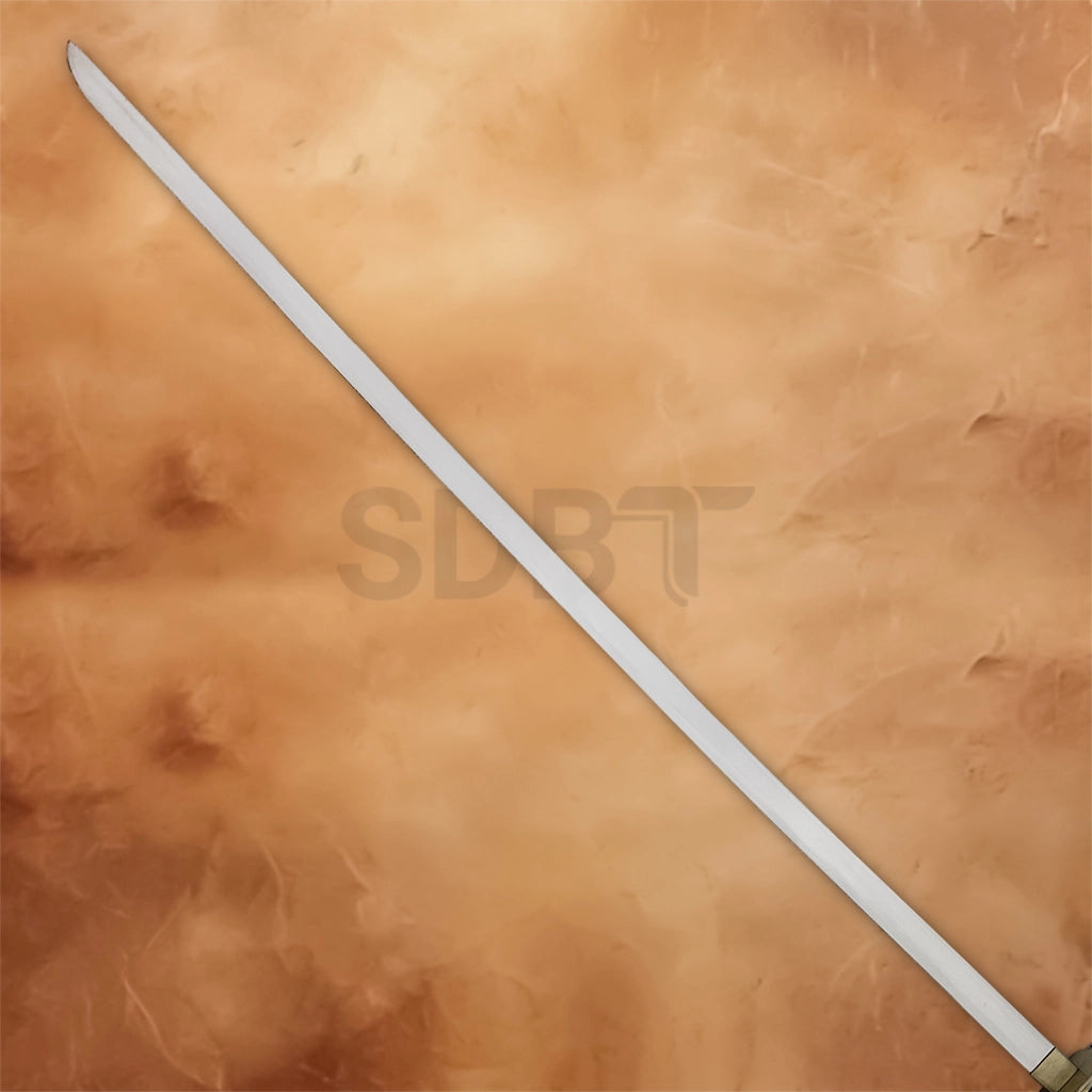 Long silver blade of the Masamune Sephiroth Sword Mini Edition against a brown textured background.