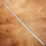 Long silver blade of the Masamune Sephiroth Sword Mini Edition against a brown textured background.