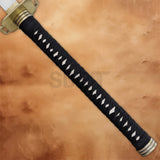 Close-up of the Masamune Sephiroth Sword Mini Edition handle with black wrapping and a gold-tone guard.