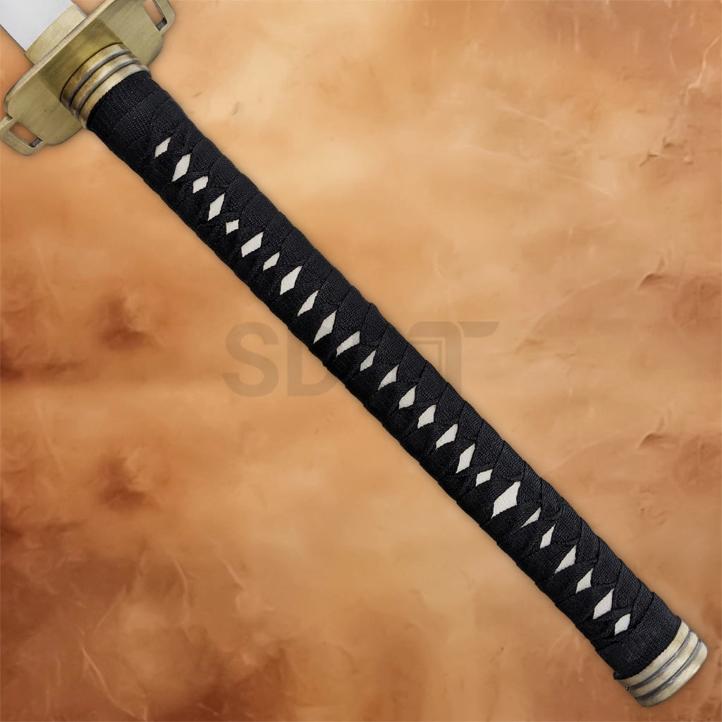 Close-up of the Masamune Sephiroth Sword Mini Edition handle with black wrapping and a gold-tone guard.