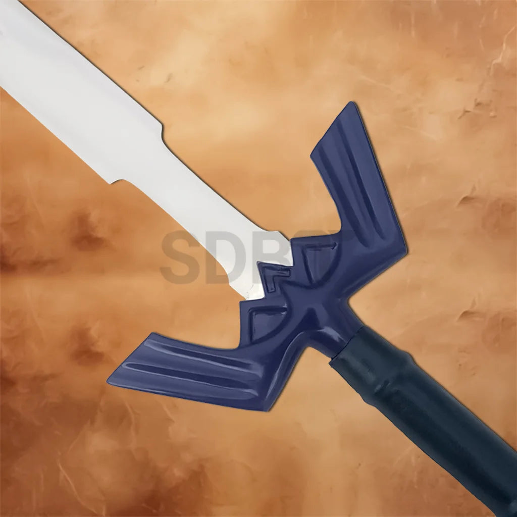 Detailed view of the Link Master Sword Replica showcasing the iconic blue crossguard, black grip, and legendary Zelda-inspired design.