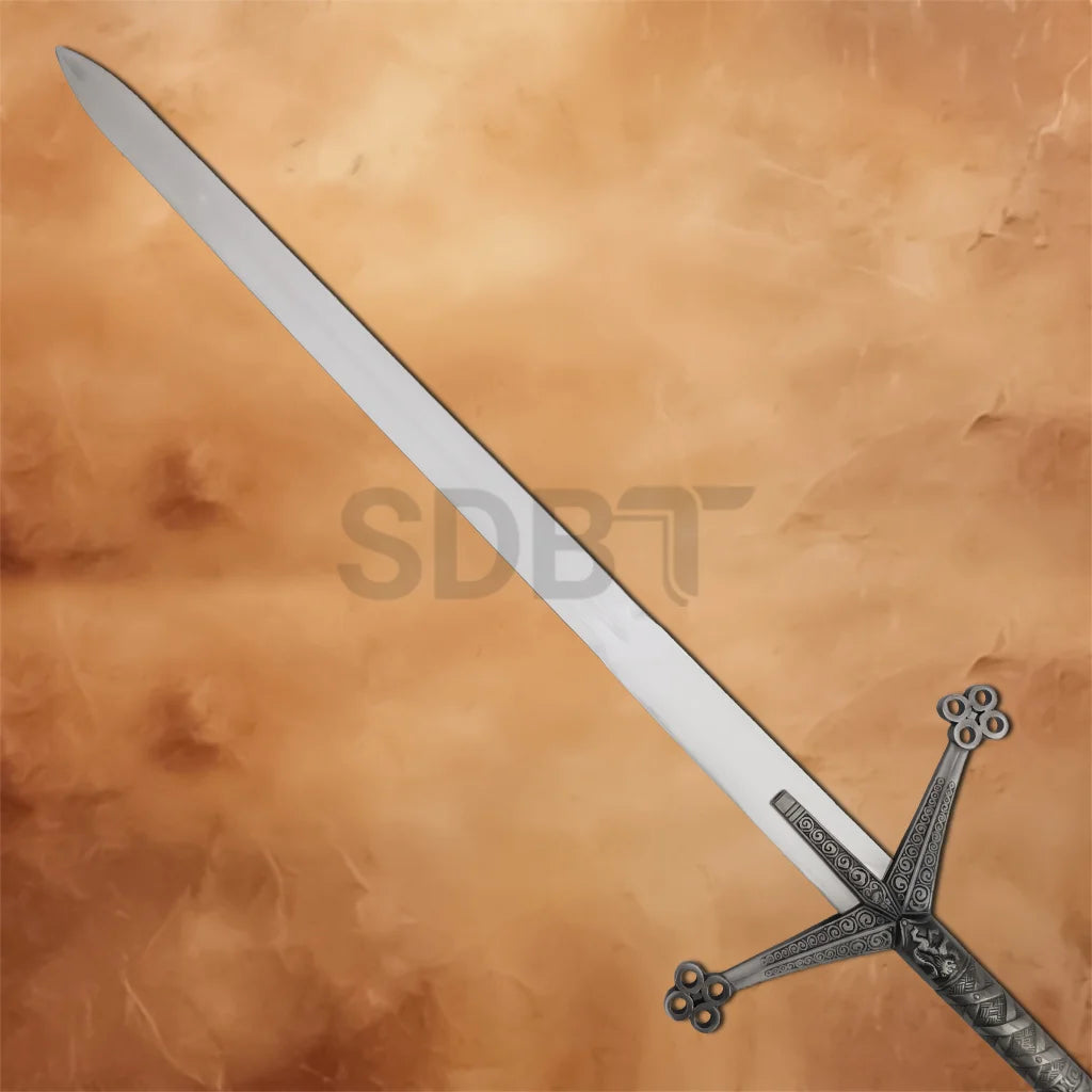 Full-length Medieval Black Knight Claymore Sword Replica featuring a polished stainless steel blade, engraved crossguard, and detailed medieval-inspired grip for display and collections.
