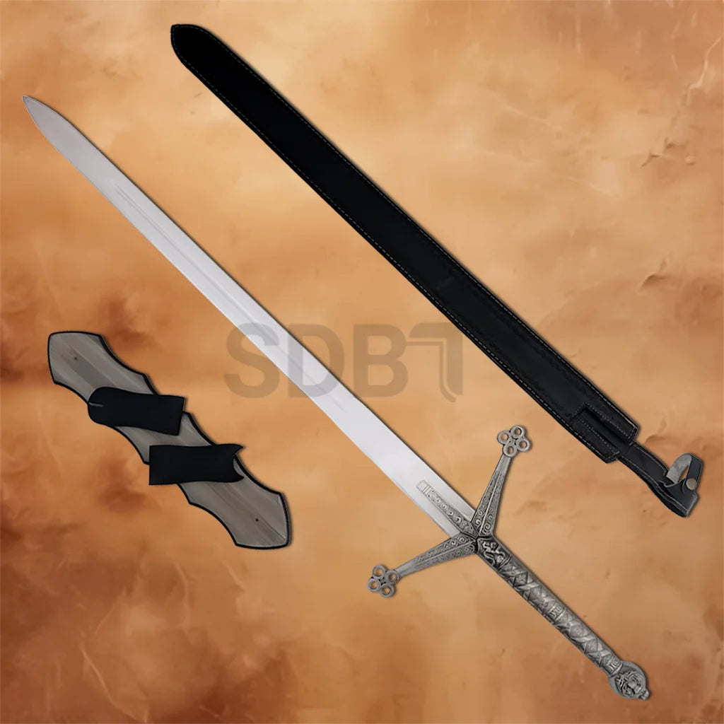 Complete Medieval Black Knight Claymore Sword Replica set including the stainless steel sword, protective scabbard, and wooden wall display plaque for collectors and medieval enthusiasts.