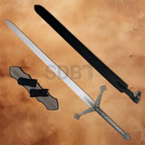 Complete Medieval Black Knight Claymore Sword Replica set including the stainless steel sword, protective scabbard, and wooden wall display plaque for collectors and medieval enthusiasts.