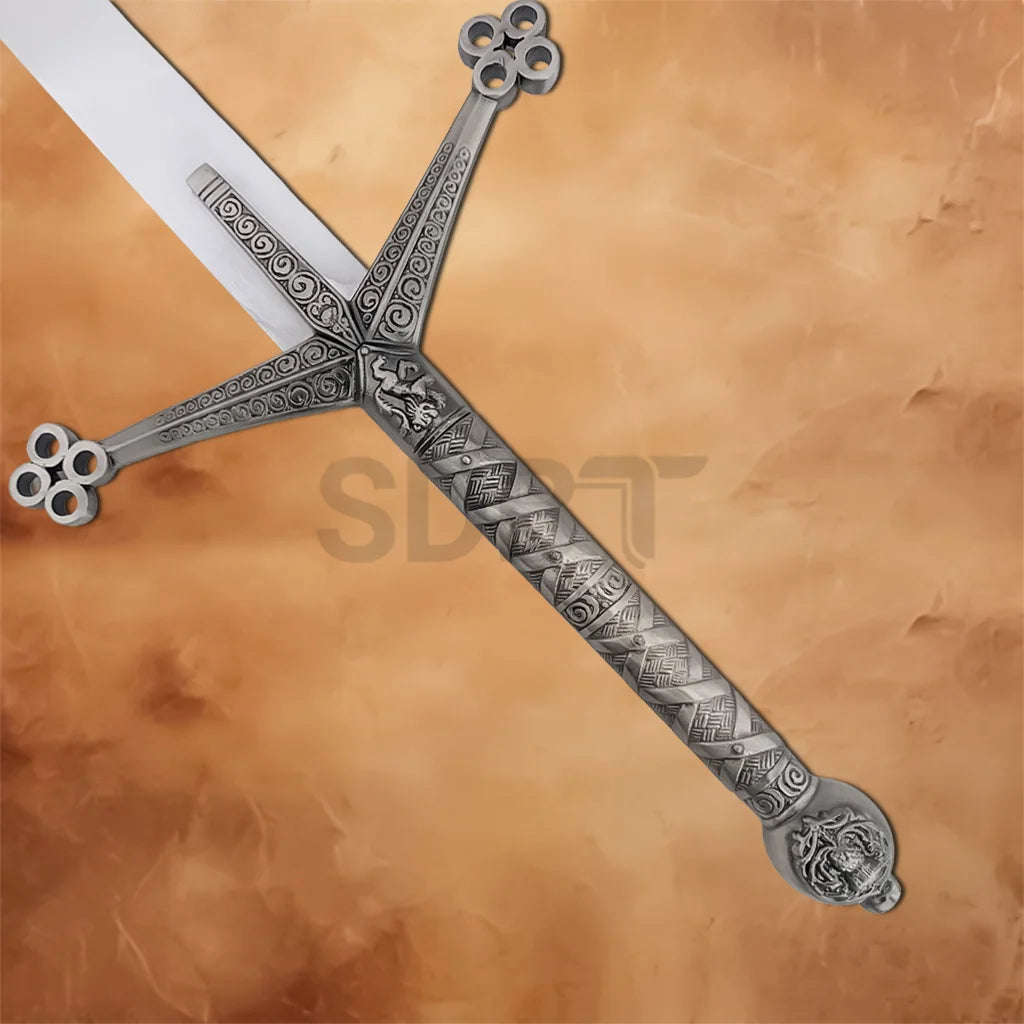 Detailed view of the Medieval Black Knight Claymore Sword Replica showcasing the engraved grip, intricate pommel, and premium medieval craftsmanship.